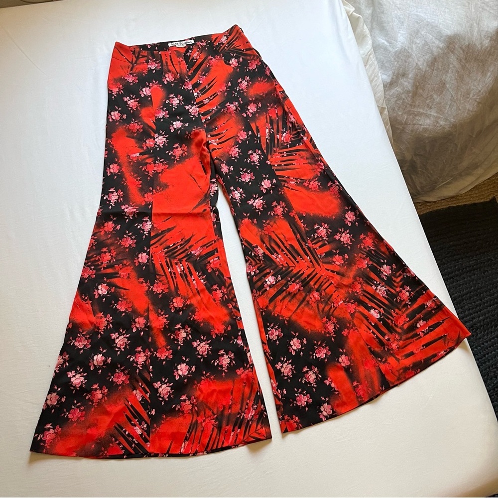 ACNE STUDIOS red black‎ silk floral tropical print wide flare bootcut pants